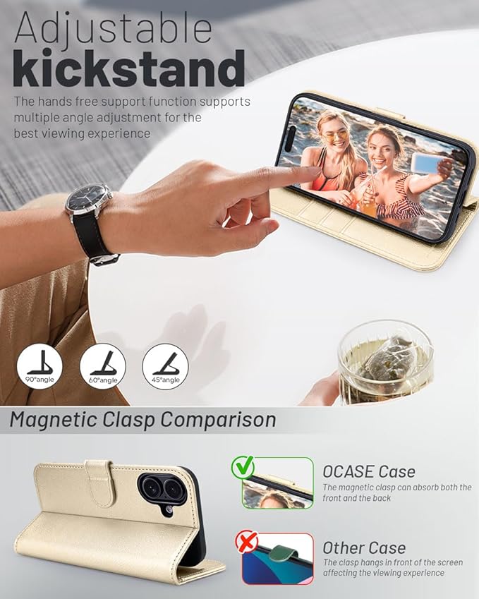 OCASE Compatible with iPhone 16 Wallet Case, PU Leather Flip Folio Case with Card Holders RFID Blocking Kickstand [Shockproof TPU Inner Shell] Phone Cover 6.1 Inch 2024, Gold
