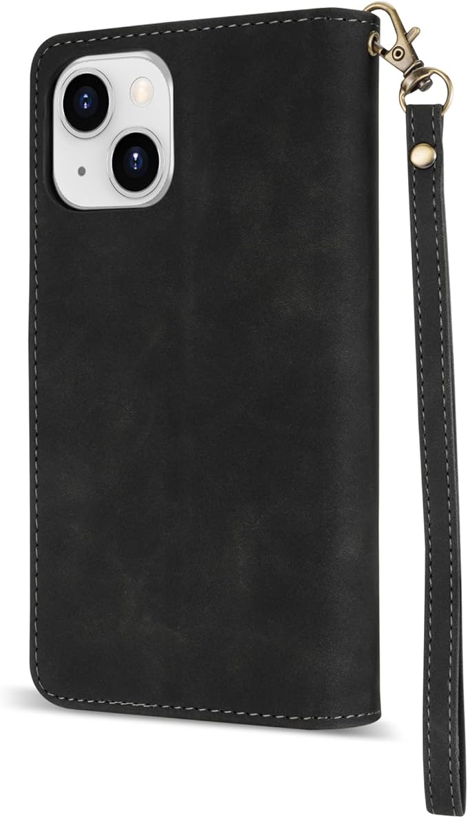 ZZXX for iPhone 14 Plus Case Wallet with [RFID Blocking] Card Slot Premium Soft PU Leather Zipper Flip Folio with Wrist Strap Kickstand Protective Cover for iPhone 14 Plus Wallet Case(Black-6.7 inch)