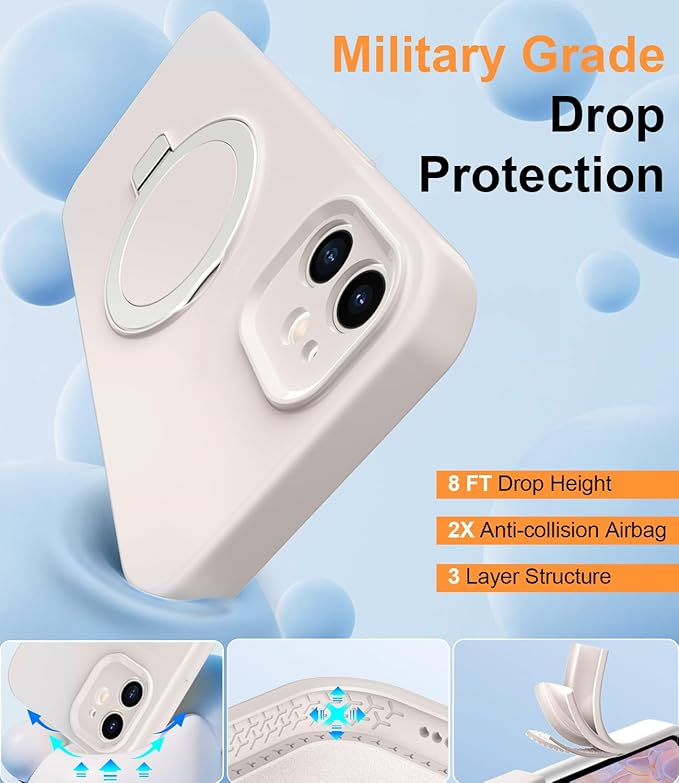 ZHK Liquid Silicone Designed for iPhone 12 Case with Magnet Stand, [Precise Camera Lens Protection][Mil-Grade Drop Shockproof][Soft Anti-Scratch Microfiber Lining] Slim Fit Cover, Beige