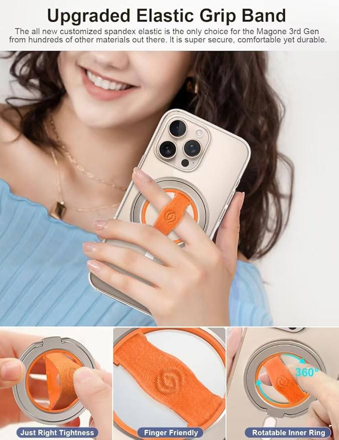 EWA MagOne 3rd Gen [Compatible with MagSafe] Phone Grip Stand with Finger Strap, Removable Magnetic Ring Holder Kickstand Loop for iPhone 16,15, 14, 13, 12 Series-(Gold-Orange)
