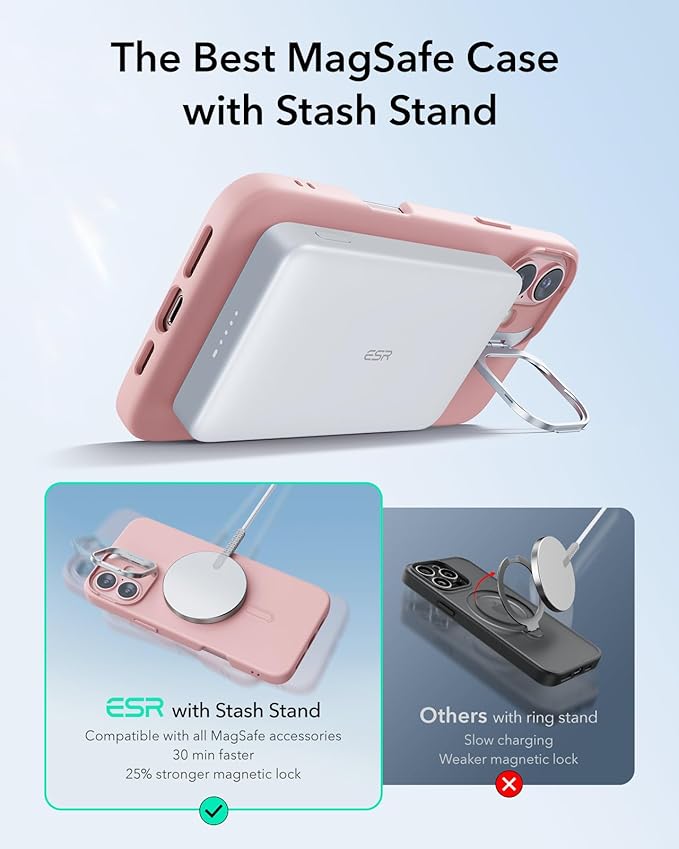 ESR for iPhone 16 Case, Silicone Case with Stand, Compatible with, Military-Grade Protection, Built-in Camera Stash Stand, Magnetic Phone Case for iPhone 16, Cloud Series, Pink