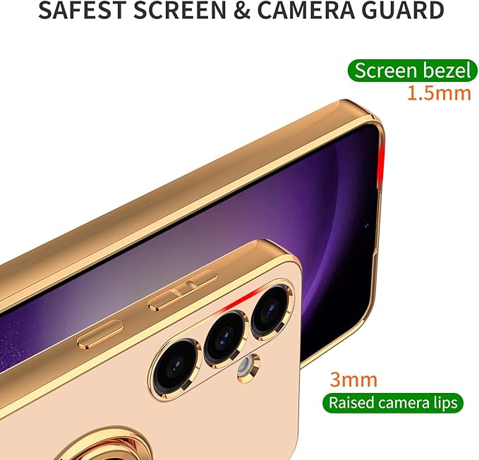 Dinick Pink for Samsung Galaxy S24 Case with Ring Holder Kickstand [with Magnetic] Soft TPU Bumper, Glitter Gold Electroplated Cover Slim Thin Protective Phone Case for Galaxy S24