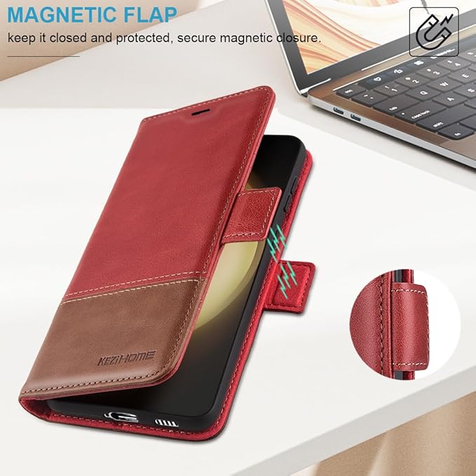 KEZiHOME for Samsung Galaxy S24+ Plus 5G Case, Galaxy S24 Plus Wallet Case, Genuine Leather Flip Cover Stand RFID Blocking Card Holder Magnetic Compatible with Samsung S24 Plus 5G (2024) (Red/Brown)