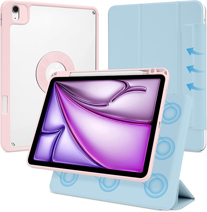 Case for iPad Air 13 Inch M3/M2 2025/2024, iPad Pro 12.9 Inch 6th/5th Generation 2022/2021 with Pencil Holder,Vertical Stand,Detachable Magnetic Trifold Stand Case,Auto Wake/Sleep,Ice Blue+Pink