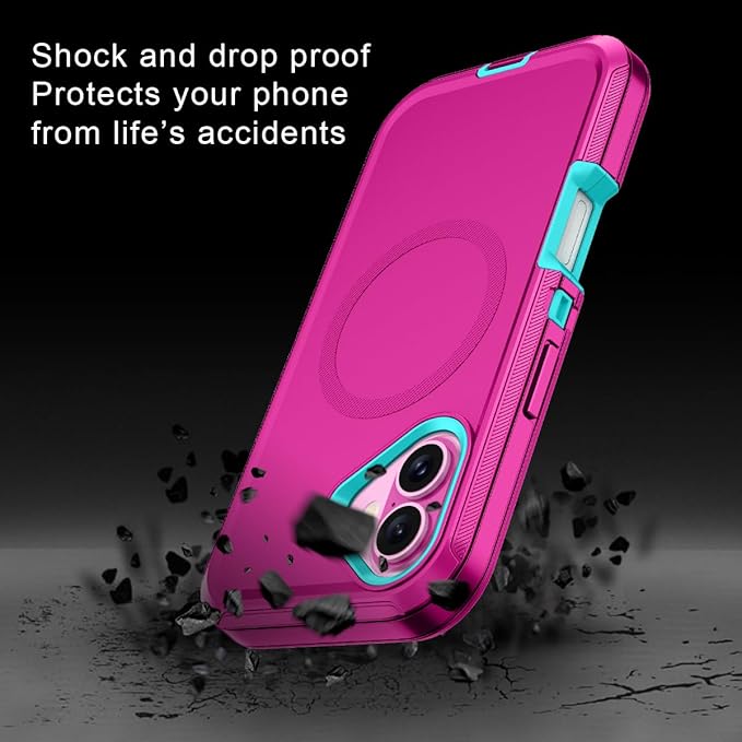 for iPhone 16 Plus Case [Compatible with MagSafe] Shockproof 3-Layer Full Body Protection [Without Screen Protector] Rugged Heavy Duty Cover Case for Apple iPhone 16 Plus 6.7",Rose Red/Green