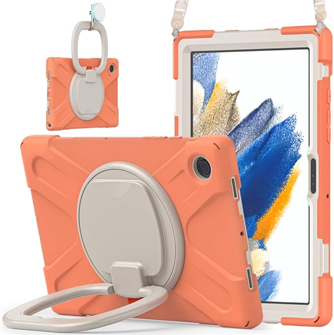 360 Rotatable Galaxy Tab A8 10.5" Case Sturdy Cover Rotate Ring Stand Shoulder Carrying Strap Hand Strap Rugged Children Adults Outdoor Case, Orange