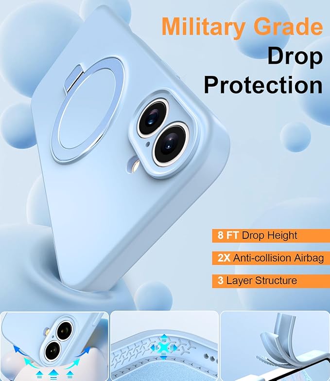 ZHK Liquid Silicone Designed for iPhone 16 Case with Magnet Stand, [Precise Camera Lens Protection][Mil-Grade Drop Shockproof][Soft Anti-Scratch Microfiber Lining] Slim Fit Cover,Baby Blue