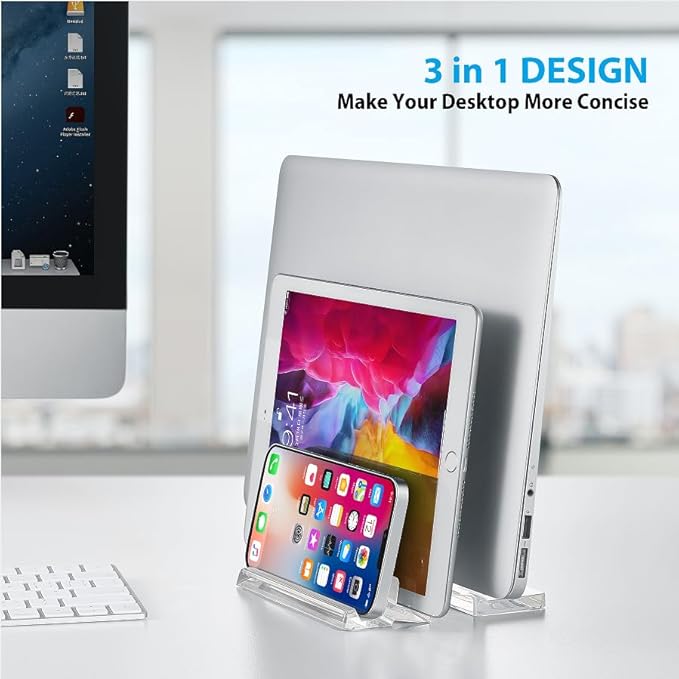 3-Slot Vertical Laptop Stand Laptop Holder for Desk Made of Premium Acrylic to Space-Saving for All Laptop/MacBook/Tablet/Phone (Transparent)