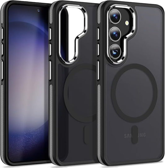 Magnetic Designed for Samsung Galaxy S24 Case 6.2" Compatible with MagSafe, Anti-Slip Edge Military Grade Drop Tested Hard Back Protective Translucent Case for Samsung S24 Case (Black/Grey)