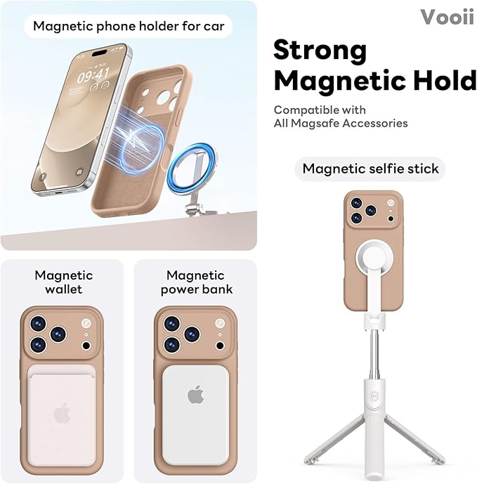 Vooii Magnetic Compatible with iPhone 17 Pro Case (Compatible with Magsafe) (Upgraded Camera Protection) Liquid Silicone Shockproof Full Body Protective Phone Cover for Women Men, Light Brown, 6.3”