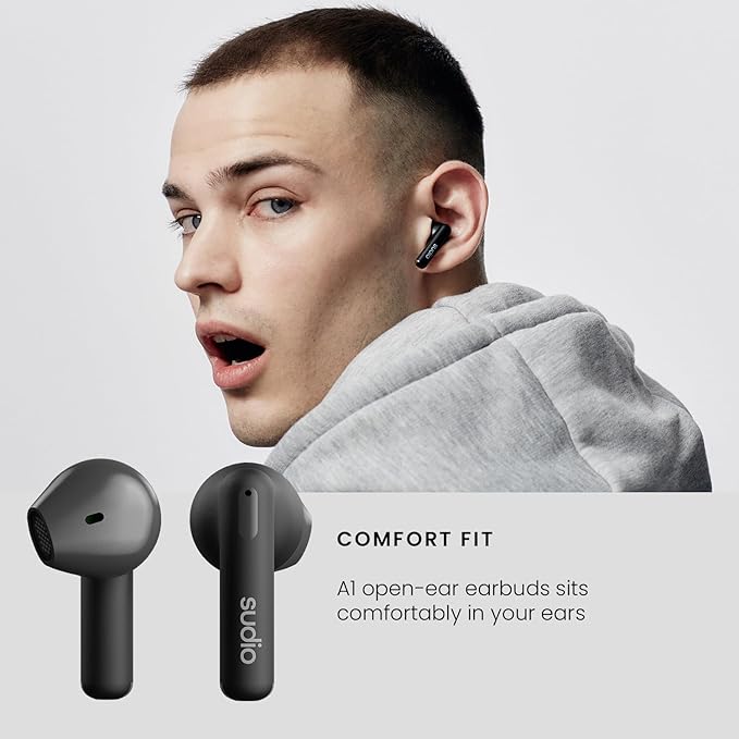 Sudio A1 True Wireless Earbuds, Bluetooth 5.3 Connection, Noise Cancelling, Waterproof, Touch Control, Charging Case, Premium Sound Quality, Comfortable Fit – Black