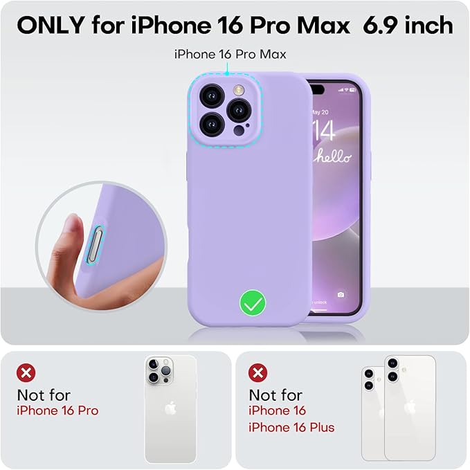 Vooii Compatible with iPhone 16 Pro Max Case, Liquid Silicone Upgrade [Camera Protection] [Soft Anti-Scratch Microfiber Lining] Shockproof Phone Case for iPhone 16 Pro Max 6.9 inch - Light Purple