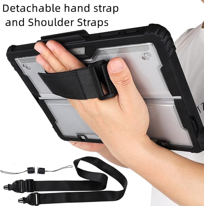Clear Case for Microsoft Surface Pro 8 13" 2021 Tablet,Heavy Duty Rugged Hard Shell Cover with Shoulder Strap & Hand Strap&Stylus Pen Holder, Compatible with Type Cover Keyboard, (Black)