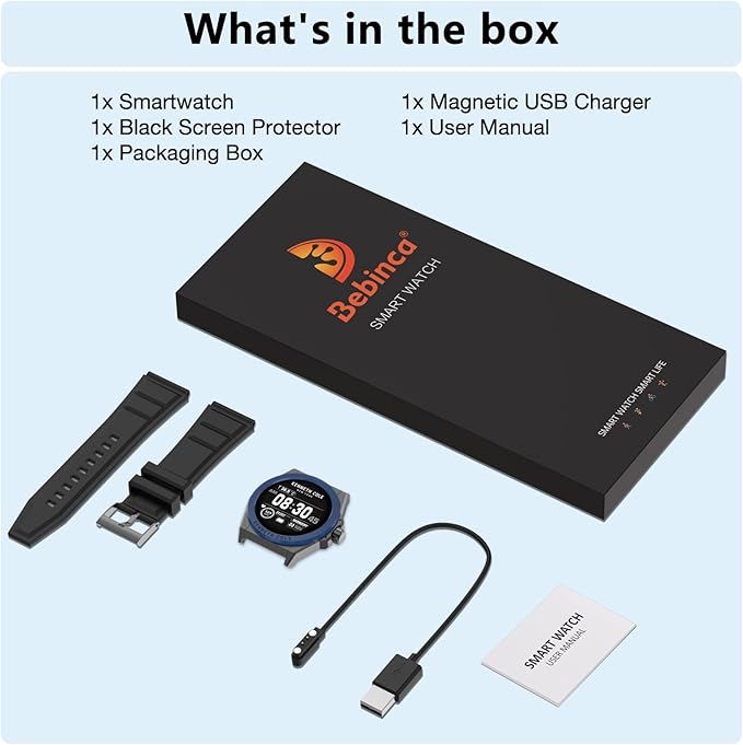 Bebinca Smart Watch for Men Compatible with iPhone Samsung Android Phone, 1.32'' HD Screen IP68 Waterproof Bluetooh Fitness Tracker Heart Rate/Sleep Monitor(Gunmetal-Blue)