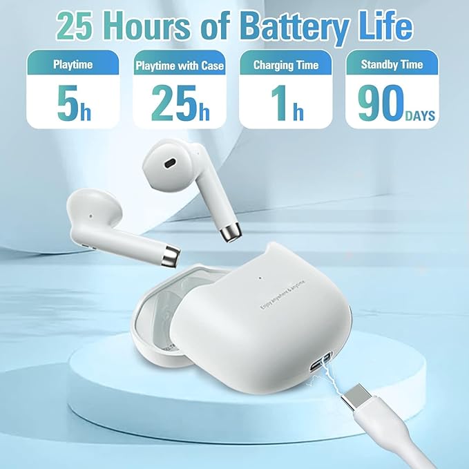 True Wireless Earbuds White Bluetooth 5.3 with Microphone for Working Out Noise Canceling Blue Tooth Ear Buds Deep Bass TWS Wireless Earphones with Charging Case in Ear Headphone for iPhone Android