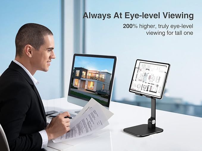 elitehood Aluminum iPad Stand for Desk [Ultra-Stable & Sturdy], Height Adjustable Tablet Stand, Portable Tablet Holder Dock for Home Office, Compatible with iPad Pro 12.9, iPad Air Mini 6 5 4 3, Black