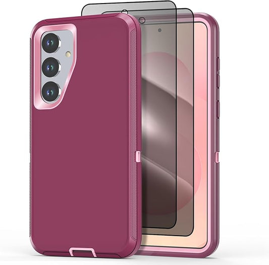 Designed for Samsung Galaxy S24/S25 Case [with Privacy Screen Protector] 3-Layer Full Body Protection Rugged Shockproof Heavy Duty Phone Case Cover, Purple/Pink