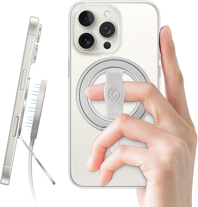 EWA MagOne 3rd Gen [Compatible with MagSafe] Phone Grip Stand with Finger Strap, Removable Magnetic Ring Holder Kickstand Loop for iPhone 16,15, 14, 13, 12 Series-(Silver)