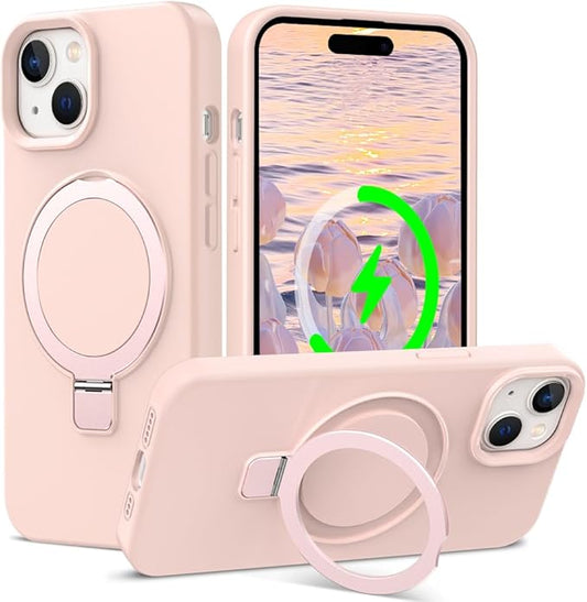 ZHK Liquid Silicone Designed for iPhone 15 Case with Magnet Stand, [Mil-Grade Drop Shockproof][Soft Anti-Scratch Microfiber Lining] Slim Fit Cover, Pink