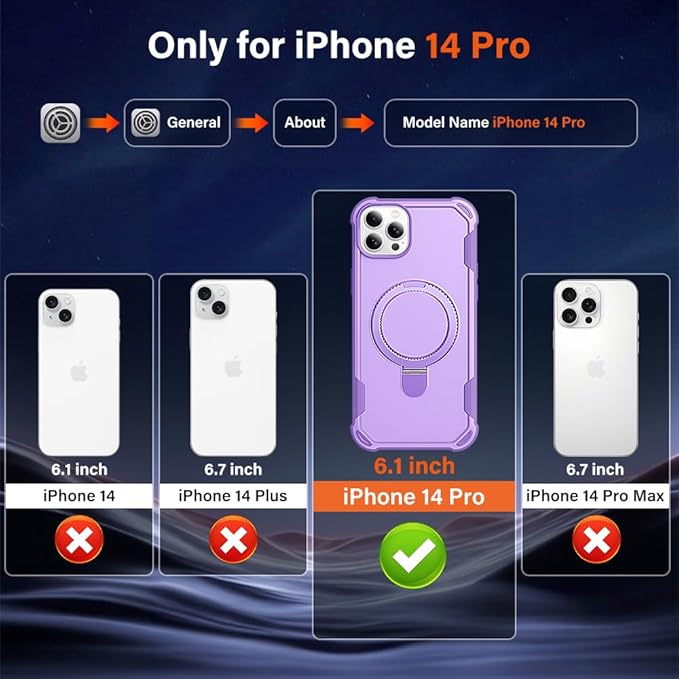 Designed for iPhone 14 Pro Case with Magnetic Stand [Military Drop Protection][Compatible with Magnet] Shockproof 14 Pro Phone Case with Ring Holder, Purple