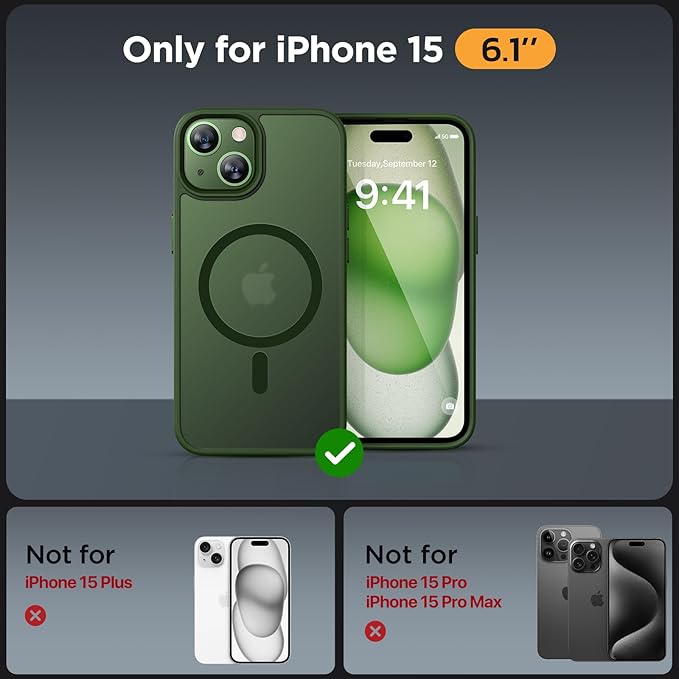 Miracase Magnetic for iPhone 15 Case (Compatible with MagSafe)（with 2X Screen Protectors） Military-Grade Protection, Anti-Fingerprint Translucent Matte Phone Cover for iPhone 15 6.1 inch, Dark Green