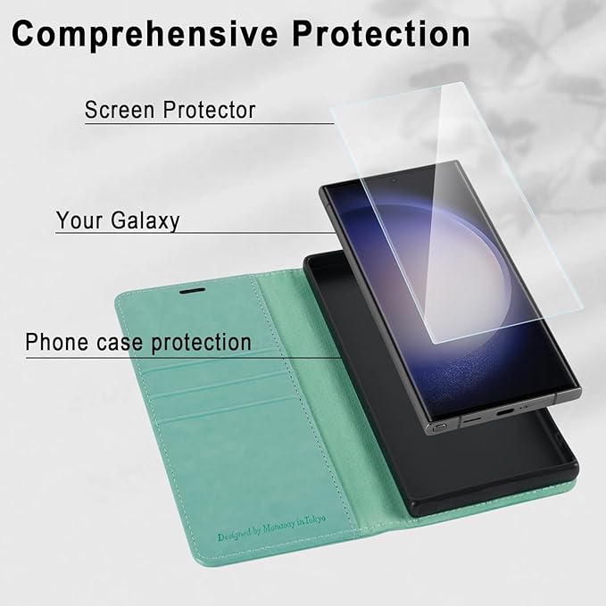 MONASAY Wallet Case Compatible for Galaxy S23 Ultra 5G,[RFID Blocking] Flip Folio Leather Cell Phone Cover with Credit Card Holder, 6.8 inch, Mint