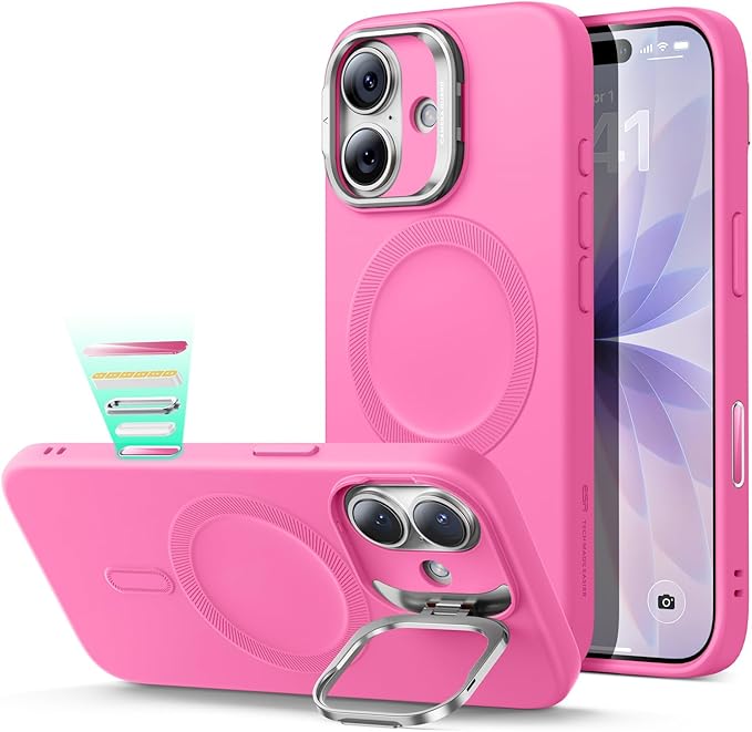 ESR Silicone Case for iPhone 17, Built-in Camera Stash Stand Compatible with MagSafe, Military-Grade Drop Protection Magnetic Phone Case for iPhone 17, Cloud Series, Rosy Pink