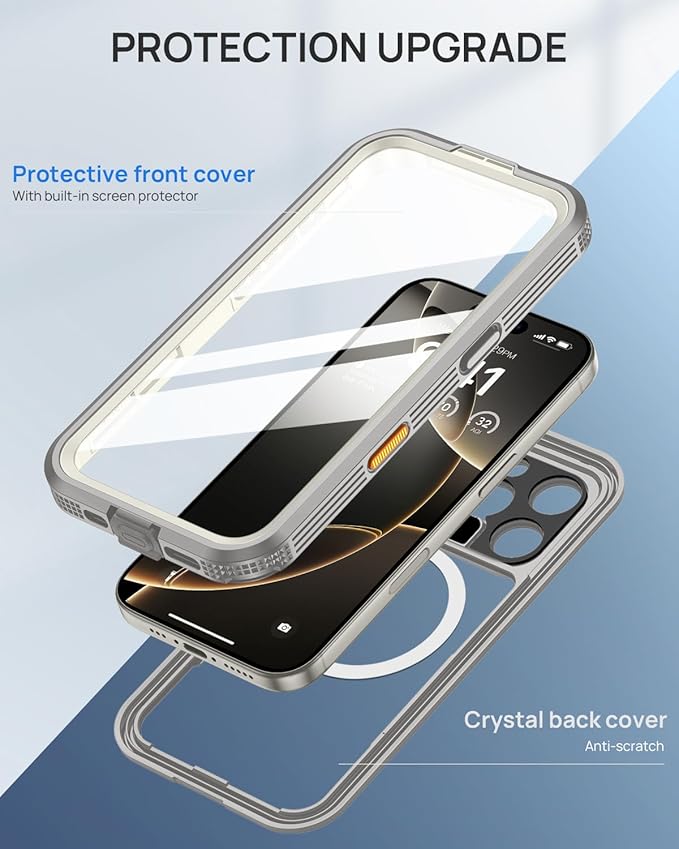 Lanhiem Magnetic for iPhone 16 Pro Case, IP68 Waterproof Dustproof Case, [Compatible with Magsafe] [Built-in Screen Protector] Full Body Heavy Duty Rugged Phone Cover 6.3 inch, Natural