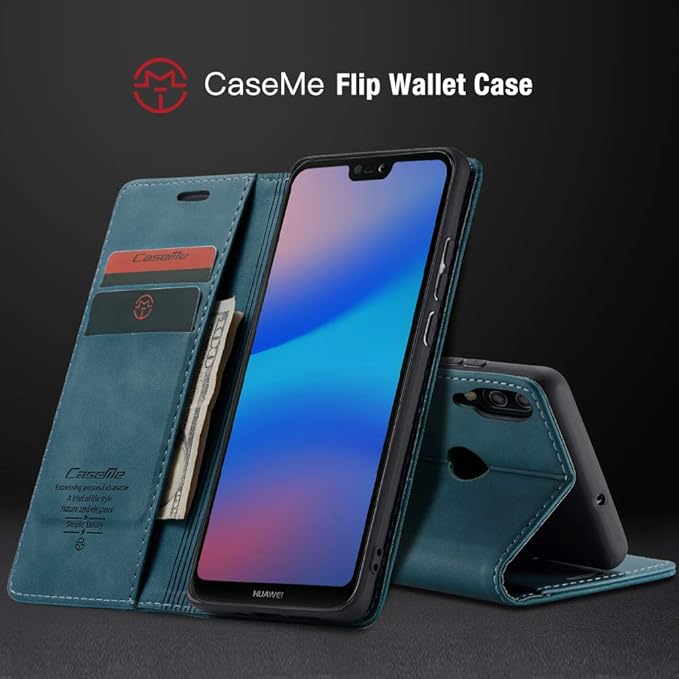 for Huawei P20 Lite Case, Flip Wallet Leather Case with Card Holder Magnetic Closure Shockproof Kickstand Protective Phone Cases Cover for Huawei P20 Lite,Blue-Green