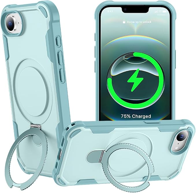 Designed for iPhone 16E Case with Magnetic Stand [Military Drop Protection][Compatible with Magnet] Shockproof 16E Phone Case with Ring Holder, Green