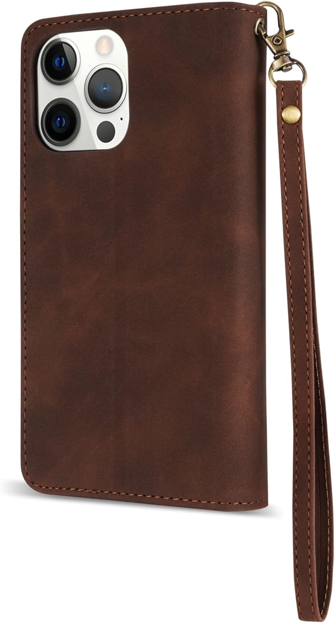 ZZXX for iPhone 14 Pro Max Case Wallet with [RFID Blocking] Card Slot Soft PU Leather Zipper Flip Folio with Wrist Strap Kickstand Protective Cover for iPhone 14 Pro Max Wallet Case(Coffee-6.7 inch)