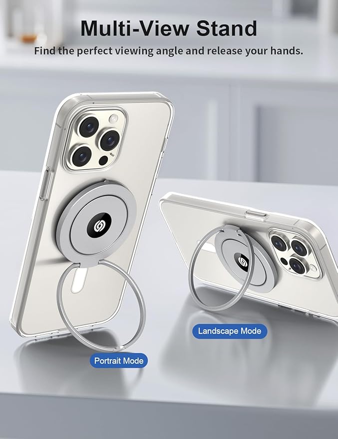 EWA MagOne Ultra (Plate Edition) Phone Grip Stand with Leather Finger Strap, Removable Magnetic Ring Holder Kickstand Loop, Double-Sided Magnetic Accessories for Phone-Silver