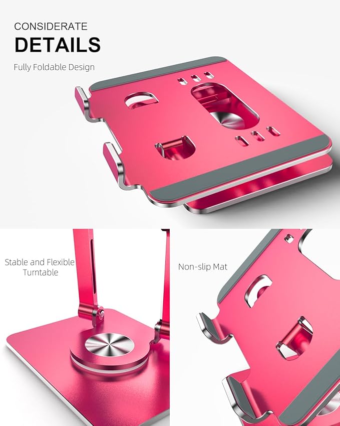 Tablet Stand Holder with Thickened 360°Rotating Base Dual Rod Adjustable Aluminum Stand for All 5.8-12.9” iPad Samsung Phone Tablet Kindle E-Reader and More, Gold