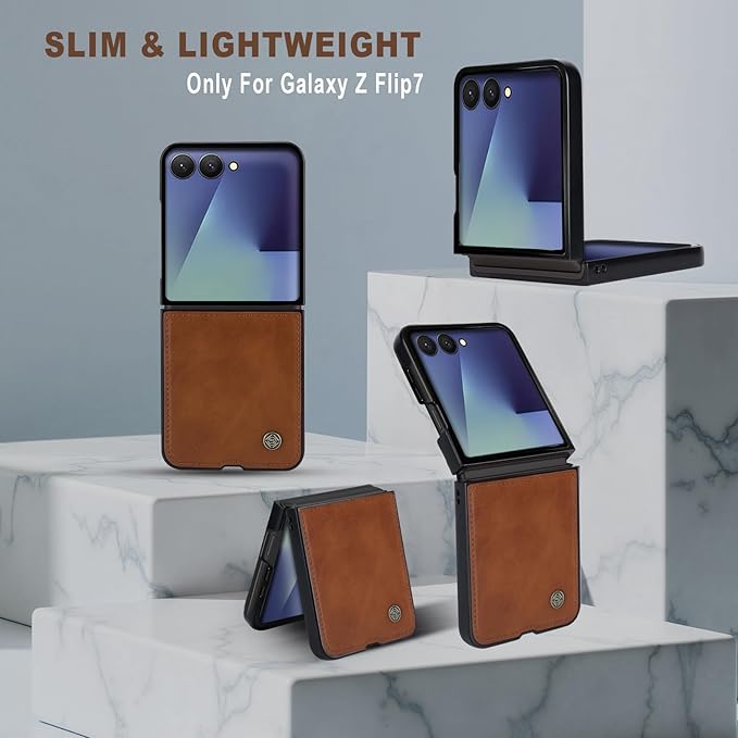 ASAPDOS Leather Folio Magnetic Case for Samsung Galaxy Z Flip 7 [Compatible with MagSafe],Built-in Screen Protector and PU Leather Thin Slim Protective Case Cover Brown