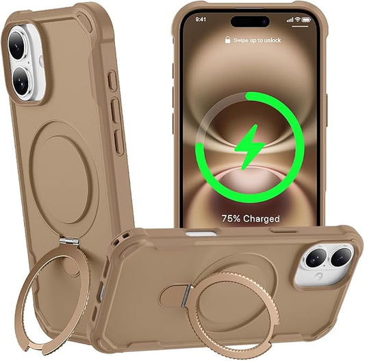 Designed for iPhone 16 Case with Magnetic Stand [Military Drop Protection][Compatible with Magnet] Shockproof 16 Phone Case with Ring Holder, Khaki