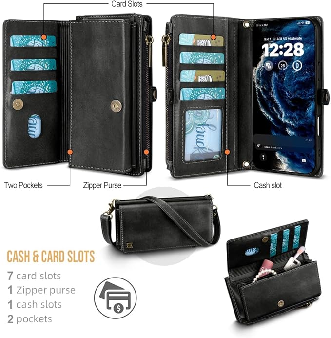 for iPhone 17 Wallet Phone Case with 7 Card Holder,RFID Blocking | PU Leather | Kickstand | Flip | Wrist Strap&Shoulder Strap | Shockproof | Zipper Wallet | Women Men | 6.3" | Black