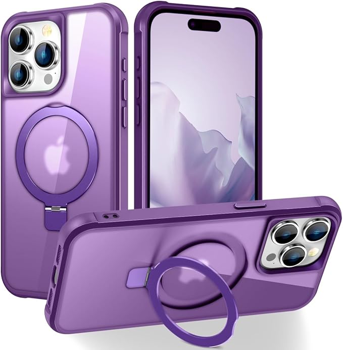 Magnetic Compatible with iPhone 15 Pro Case with Stand [Military Grade Drop Tested][Compatible with Magnet] Ring Translucent Slim Hard Back Soft Edge, Purple
