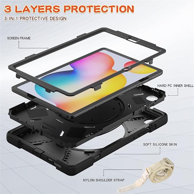 360 Rotation Case for Samsung Galaxy Tab S6 Lite 10.4" Sturdy Cover Rotate Ring Stand Shoulder Carrying Strap Hand Strap Rugged Children Adults Outdoor Case (Black)
