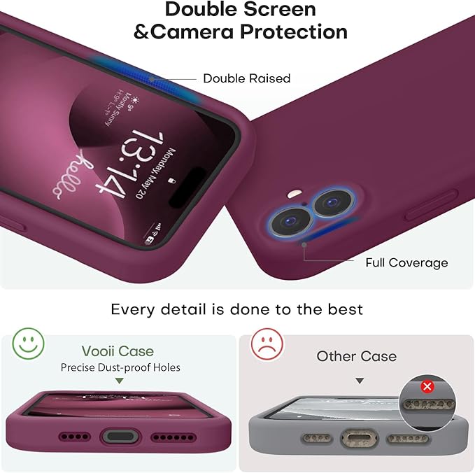 Vooii Compatible with iPhone 16 Case, Liquid Silicone Upgrade [Camera Protection] [Soft Anti-Scratch Microfiber Lining] Shockproof Phone Case for iPhone 16 6.1 inch - WineRed