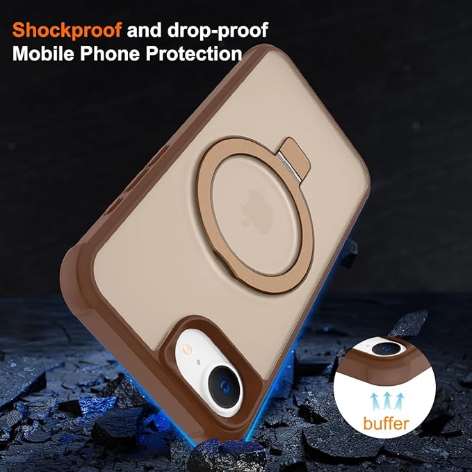 Magnetic Compatible with iPhone 16E Case with Stand [Military Grade Drop Tested][Compatible with Magnet] Ring Translucent Slim Hard Back Soft Edge, Desert Gold