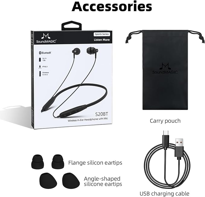 SoundMAGIC S20BT Neckband Bluetooth Headphones Wireless Earphones HiFi Stereo in Ear Headset with Microphone Lightweight Sports Earbuds Long Playtime Stable Connection Black