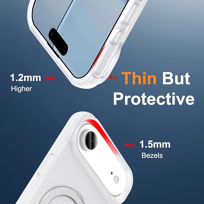 Magnetic Compatible with iPhone Air Case with Stand [Military Grade Drop Tested][Compatible with Magnet] Ring Translucent Slim Hard Back Soft Edge 17 Air Phone Case, Frost White