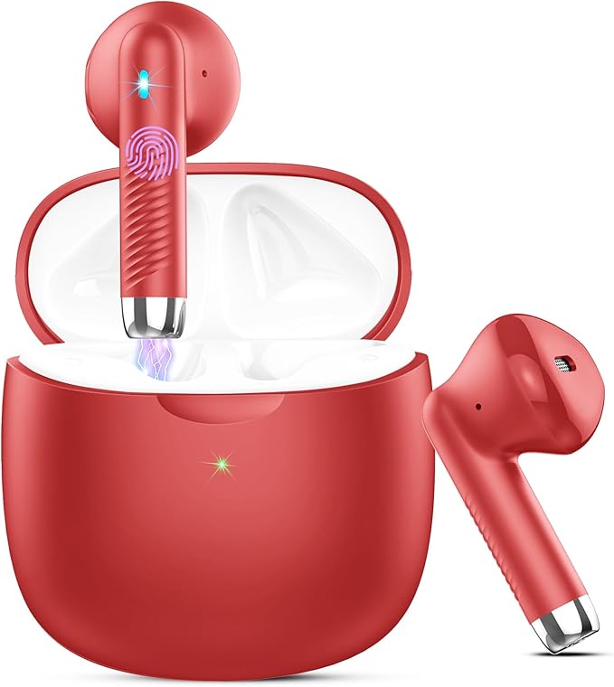 Wireless Earbuds, Bluetooth 5.4 Earbuds Stereo Bass, Bluetooth Headphones in Ear Noise Cancelling Mic, Earphones IP7 Waterproof Sports, 32H Playtime USB C Charging Case Red Ear Buds for Android iOS
