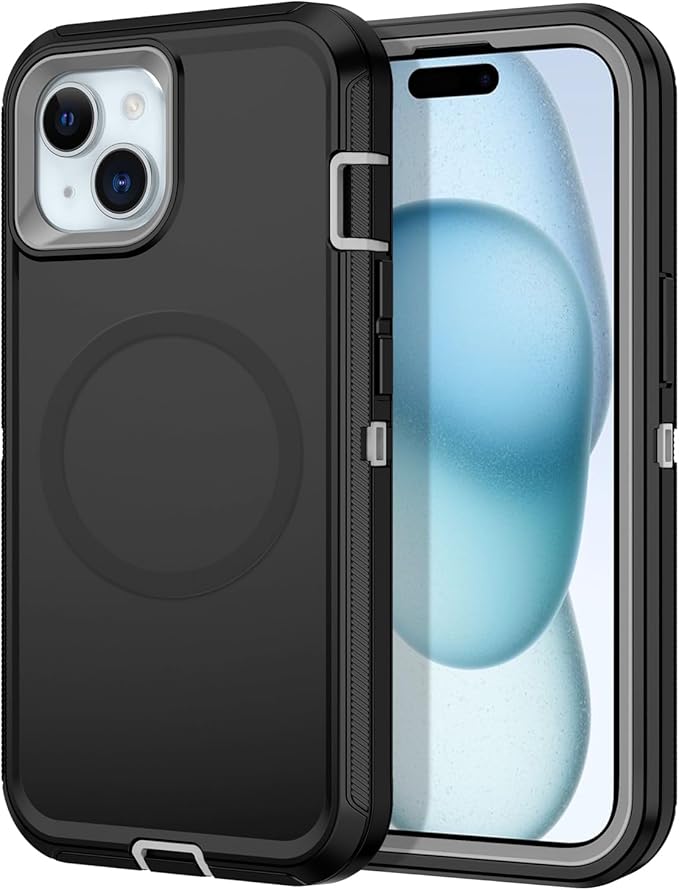 for iPhone 13/14/15 Case [Compatible with MagSafe] Shockproof 3-Layer Full Body Protection Rugged Heavy Duty Cover Case for Apple iPhone 13/14/15 6.1",Black/Grey