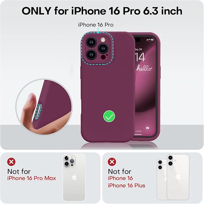Vooii Compatible with iPhone 16 Pro Case, Liquid Silicone Upgrade [Camera Protection] [Soft Anti-Scratch Microfiber Lining] Shockproof Phone Case for iPhone 16 Pro 6.3 inch - WineRed