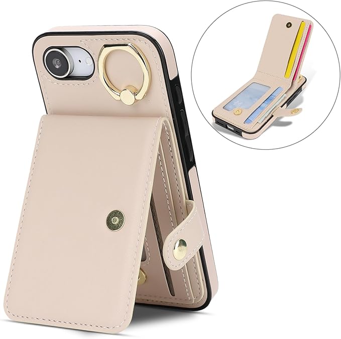 Compatible iPhone 16e Wallet Case with Card Holder RFID Blocking PU Leather Doubles as a Wallet Unisex Flip Shockproof Protection with Card Slots Ring Wrist Kickstand Function,White