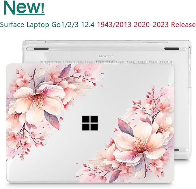 Tuiklol Case for 12.4 Inch Microsoft Surface Laptop Go 3/2 / 1 2023-2020 Releases, Plastic Hard Shell Case with Screen Protector and Keyborad Cover +Dust Plugs Model 2013/1943,Pink Big Flower