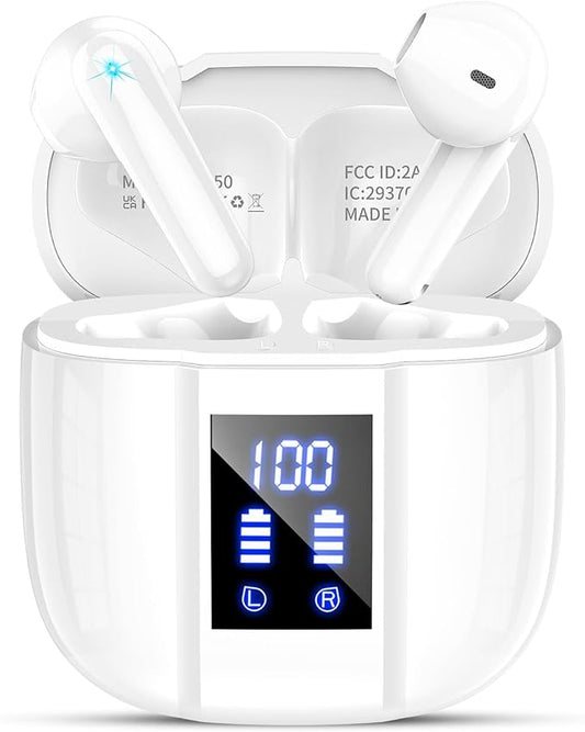 Wireless Earbuds, Bluetooth 5.4 Headphones, 48H, Stereo Ear Buds, LED Display Earphones with Mic, IP7 Waterproof In EarBud, Comfort Fit, Bluetooth Earbuds for Phone Android iOS, Sport, Walk, White