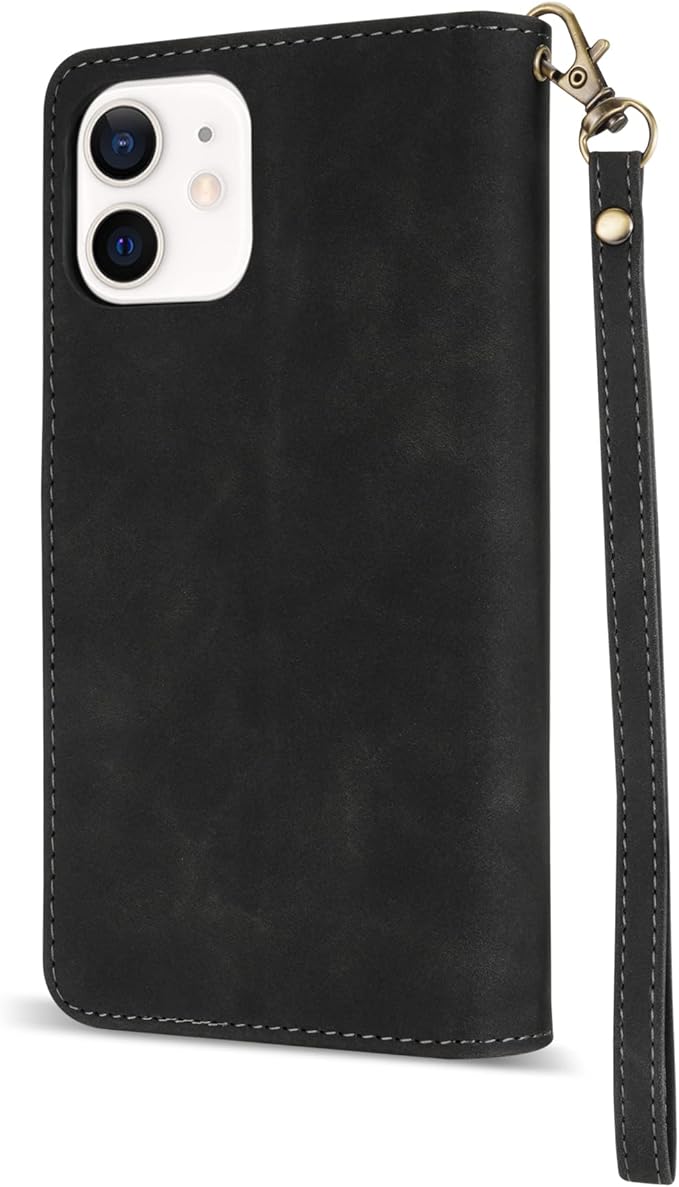 ZZXX for iPhone 12/12 Pro Wallet Case with Card Slot Premium Soft PU Leather Zipper Flip Folio Wallet with Wrist Strap Kickstand Protective for iPhone 12/12 Pro(Black 6.1 inch)