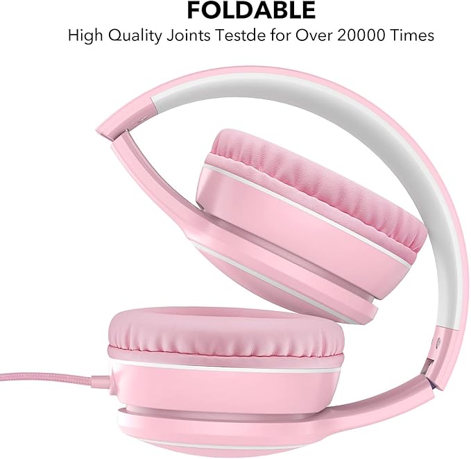 RORSOU R10 Over-Ear Headphones with Microphone, Lightweight Folding Stereo Bass Headset with 1.5M No-Tangle Cord, Portable Wired Headphones for Smartphone Tablet Computer MP3 / 4 (Pink)